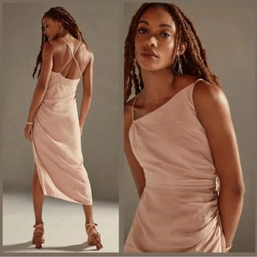 Anthropologie Linen Blend Dress Women's 2 Pastel Pink Ruched Asymmetrical Summer